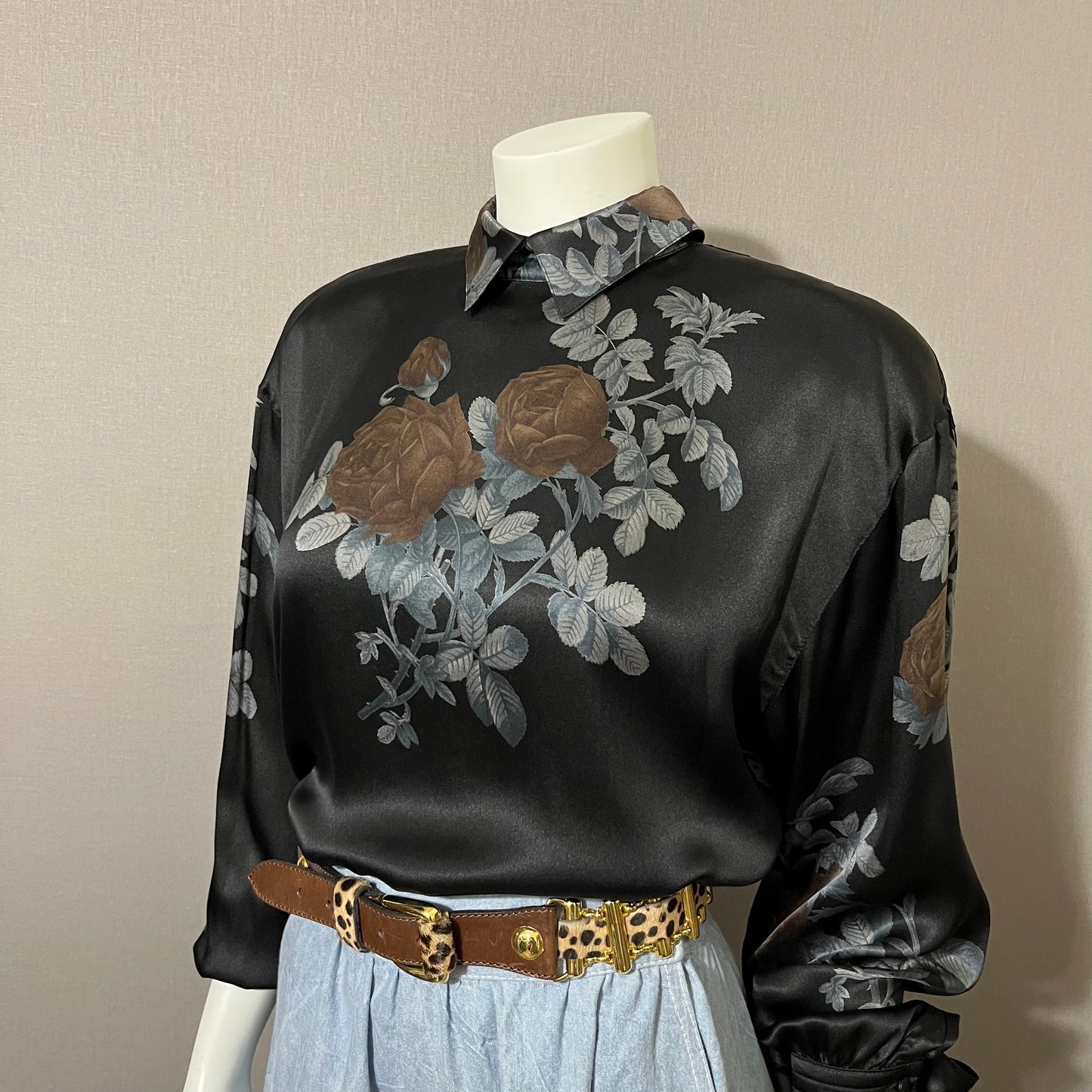 Vintage Escada Black Floral Print Long Sleeve Blouse Sz-Medium/Large