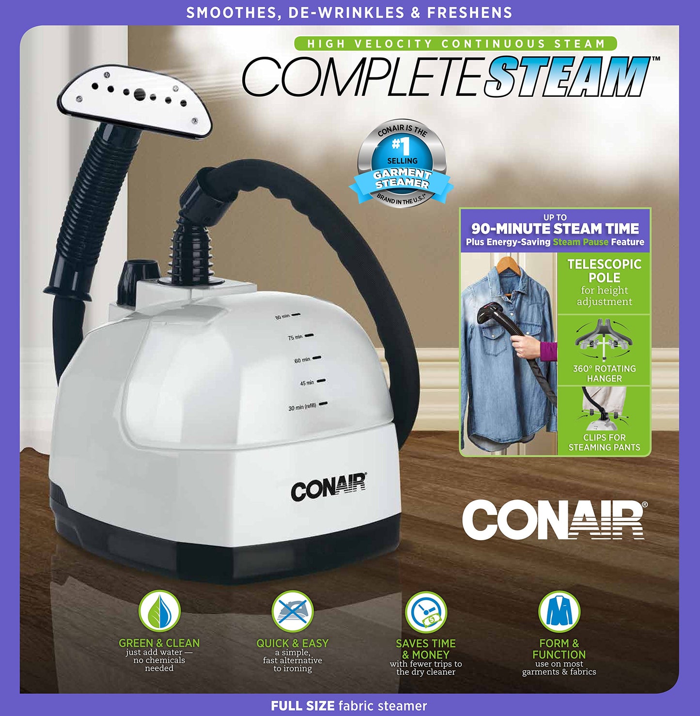 Conair Full Size Garment Steamer for Clothes, CompleteSteam 1500W,Grey