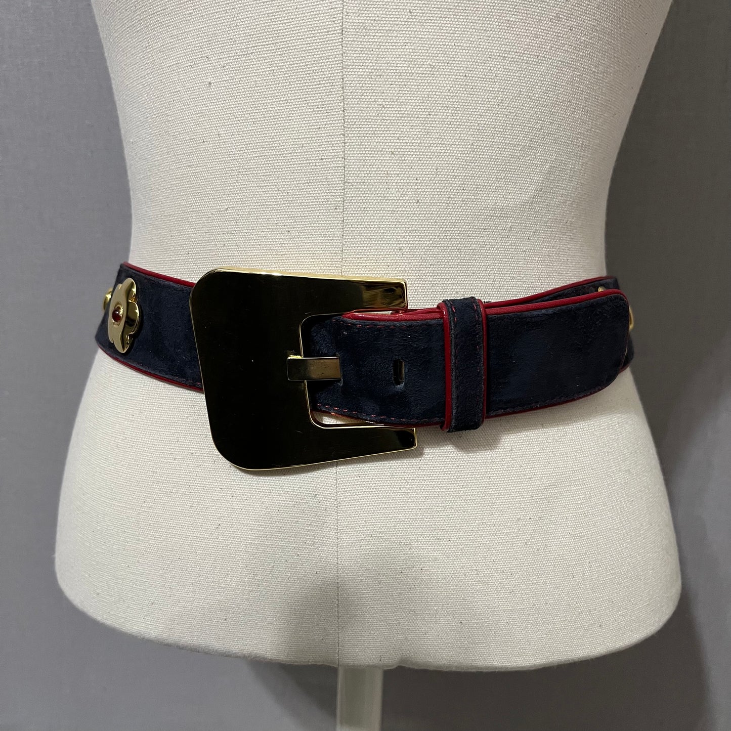 Vintage Escada Blue Suede With Red Leather Trim Belt Sz-40