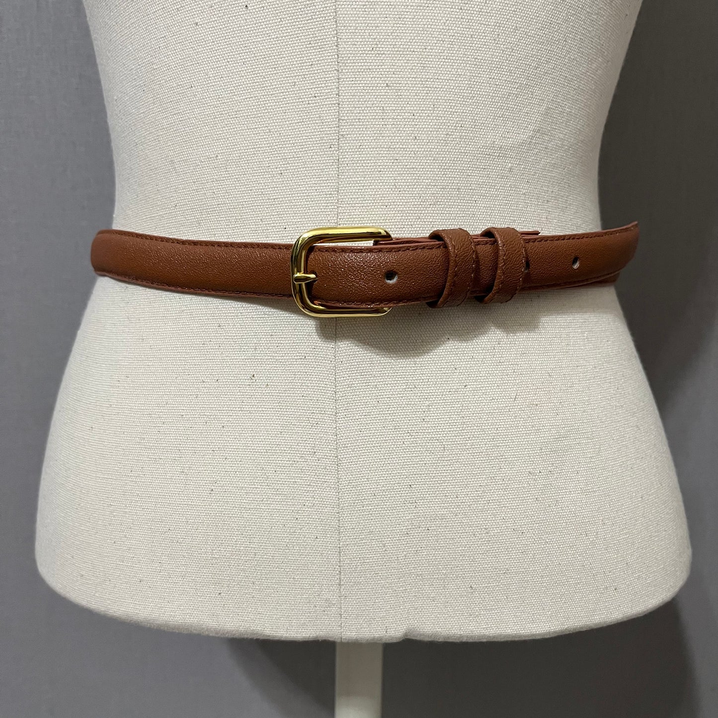 Vintage Leather Brown Skinny With Gold Buckle Belt Sz-Medium