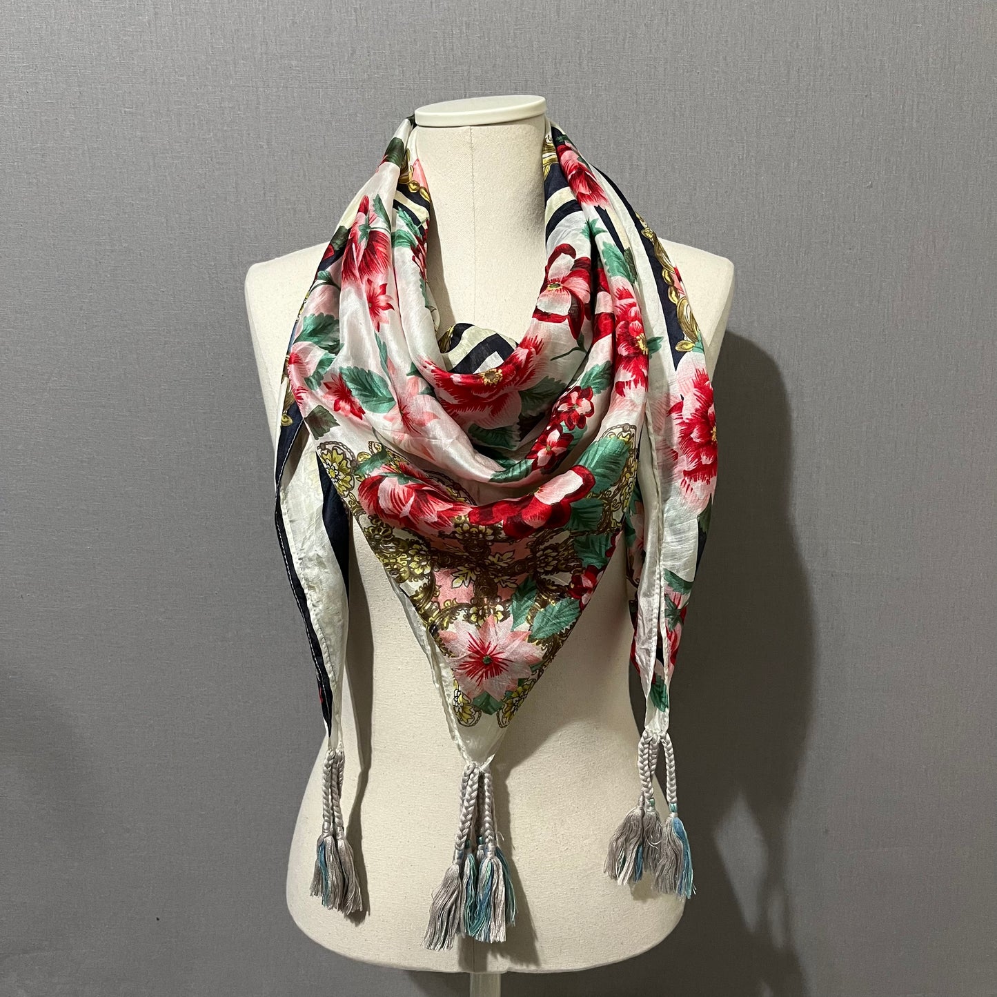 Johnny Was Floral Silk With Tassels Scarf OS