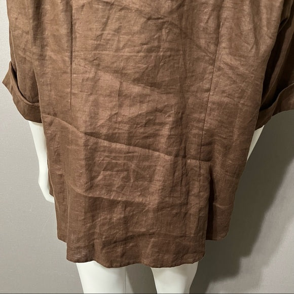 Edward Women Chocolate Linen Raise Floral Shirt Sz-1X