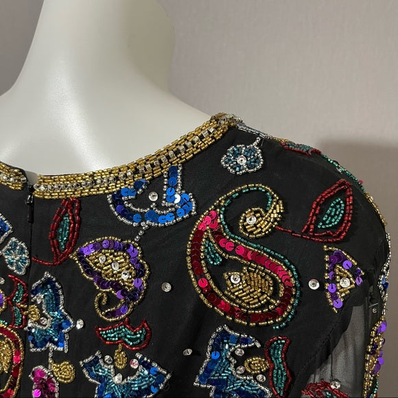 Vintage Sequin Silk Black With Sheer Sleeve Sweatheart Neckline Sz-Xtra Large
