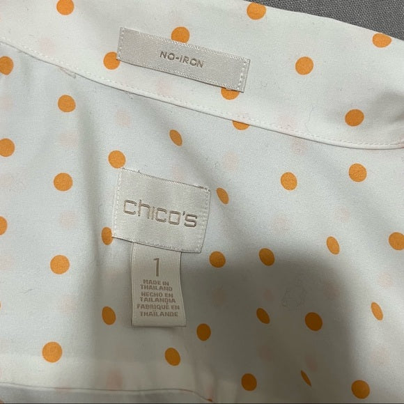 Chico’s Orange Polka-Dot Cotton Button Front Shirt Long Sleeve Sz 1 (Medium)