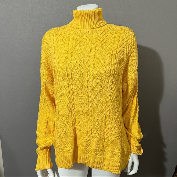Wainscott Mustard Yellow Cotton Chunky Cable Knit Turtleneck Sz-Large