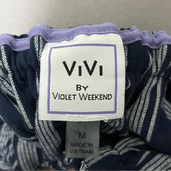 Vivi by Violet Weekend Ruffle Collar Navy Cotton Striped Dress Sz-Medium