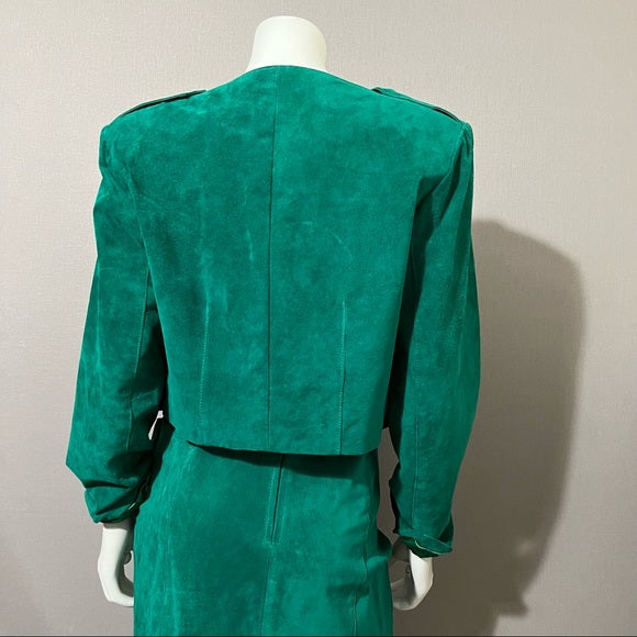 Vintage Cedars Green 2 Pc Suede Leather Skirt Suit Set Sz-Medium/Large