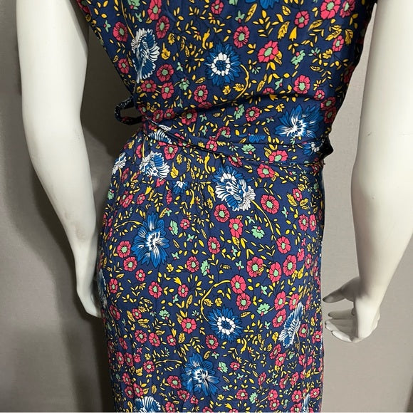 Floral V-Neck 100% Cotton Multicolored Maxi Wrap Dress Sz-Medium