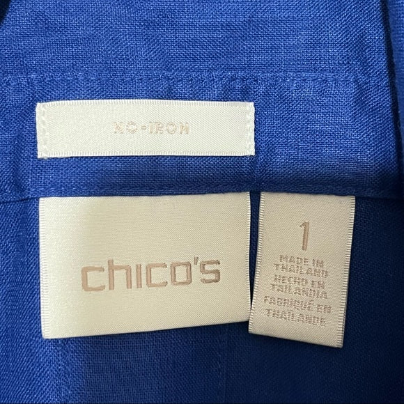 Chico’s Royal Blue Linen Button Front 3/4 Sleeve Sz 1 (Medium)