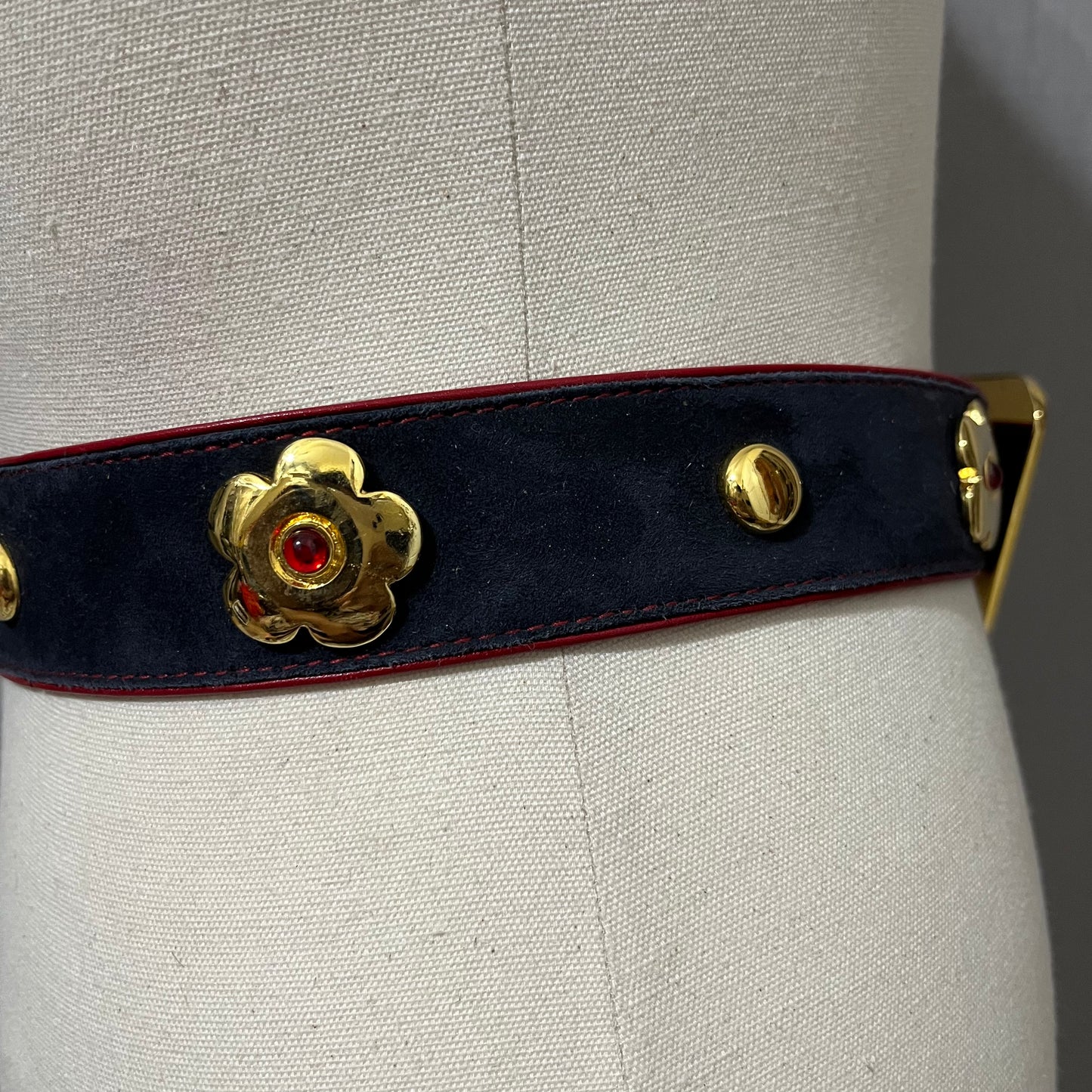 Vintage Escada Blue Suede With Red Leather Trim Belt Sz-40