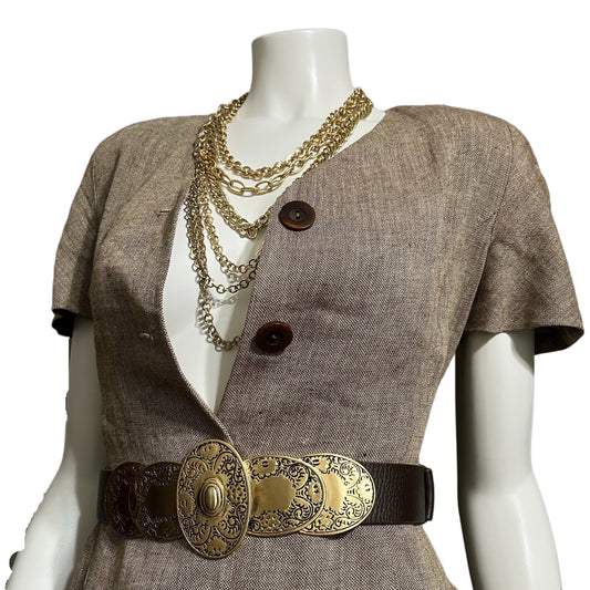 Brown Leather Adjustable With Gold Metal Hardware Belt