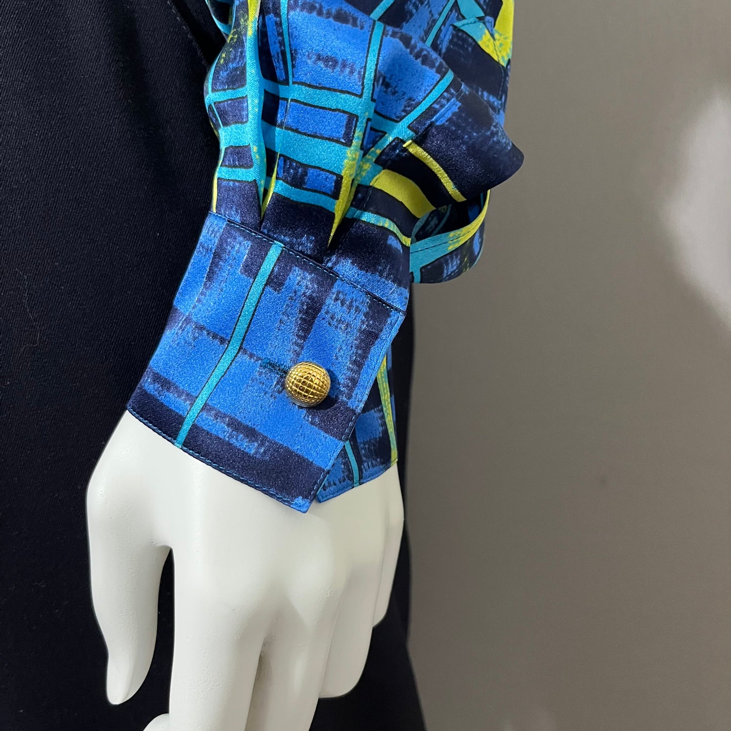 Vintage Escada Blue Stripe 100% Silk Gold Button Blouse Sz-8