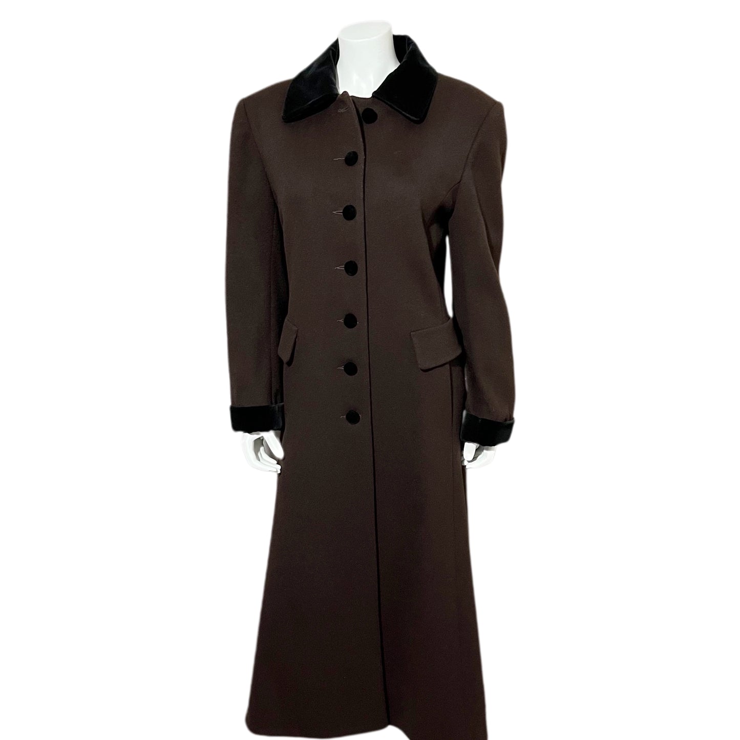 Vintage Leslie Fay Brown 100% Wool Velvet Collar Longline Coat Sz-8