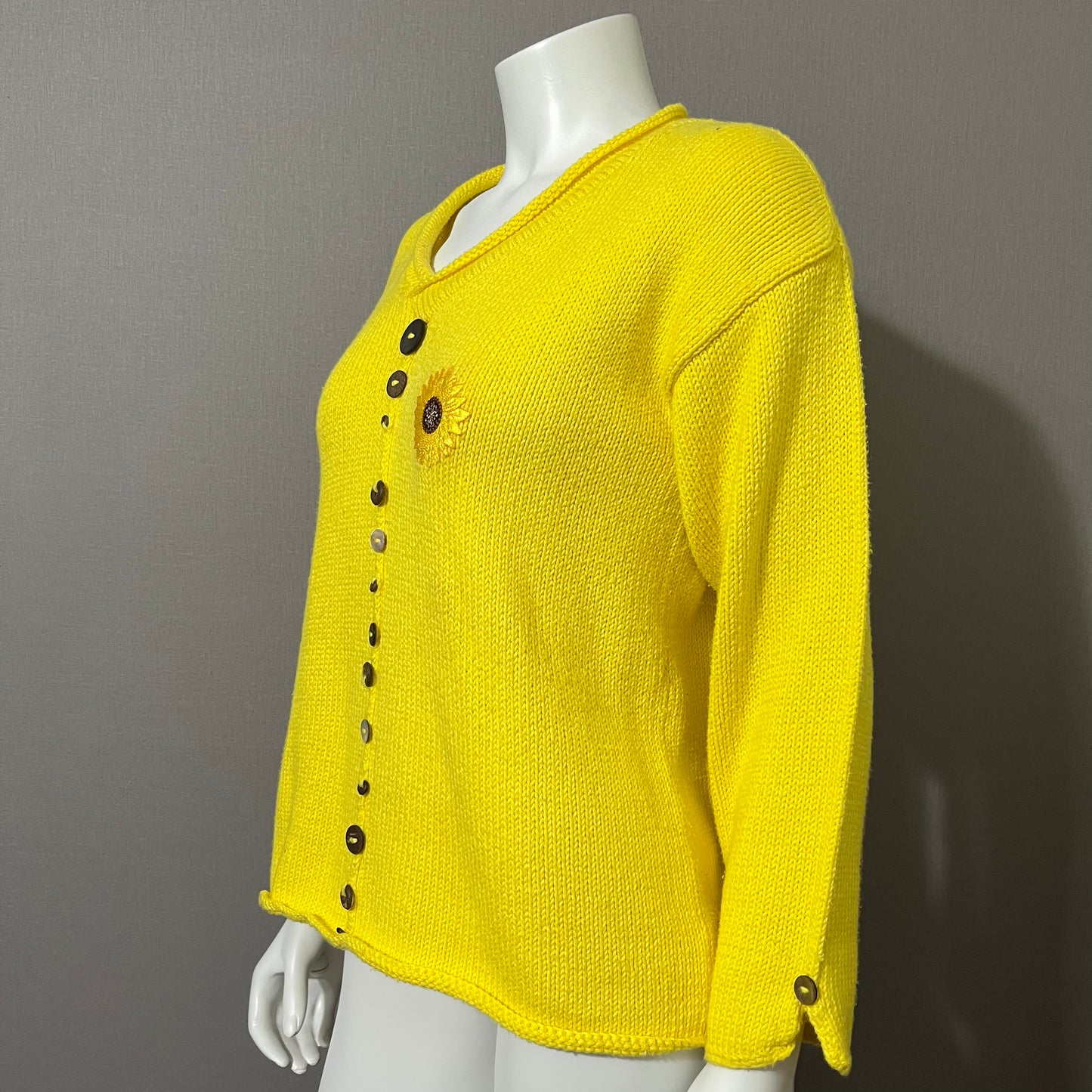 Yellow Pure Hand-Knit V-Neck Textured Button Sweater Sz-Small/Medium