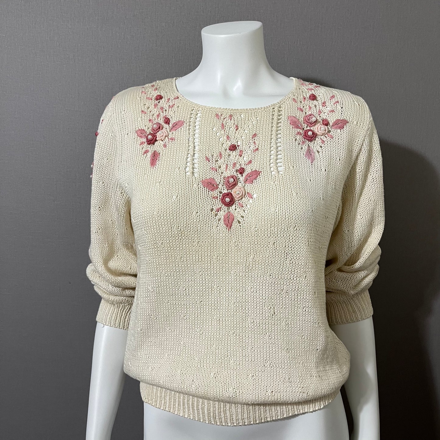 Vintage Miramar 100% Cotton Floral Pearl Beaded Sweater Sz-Small