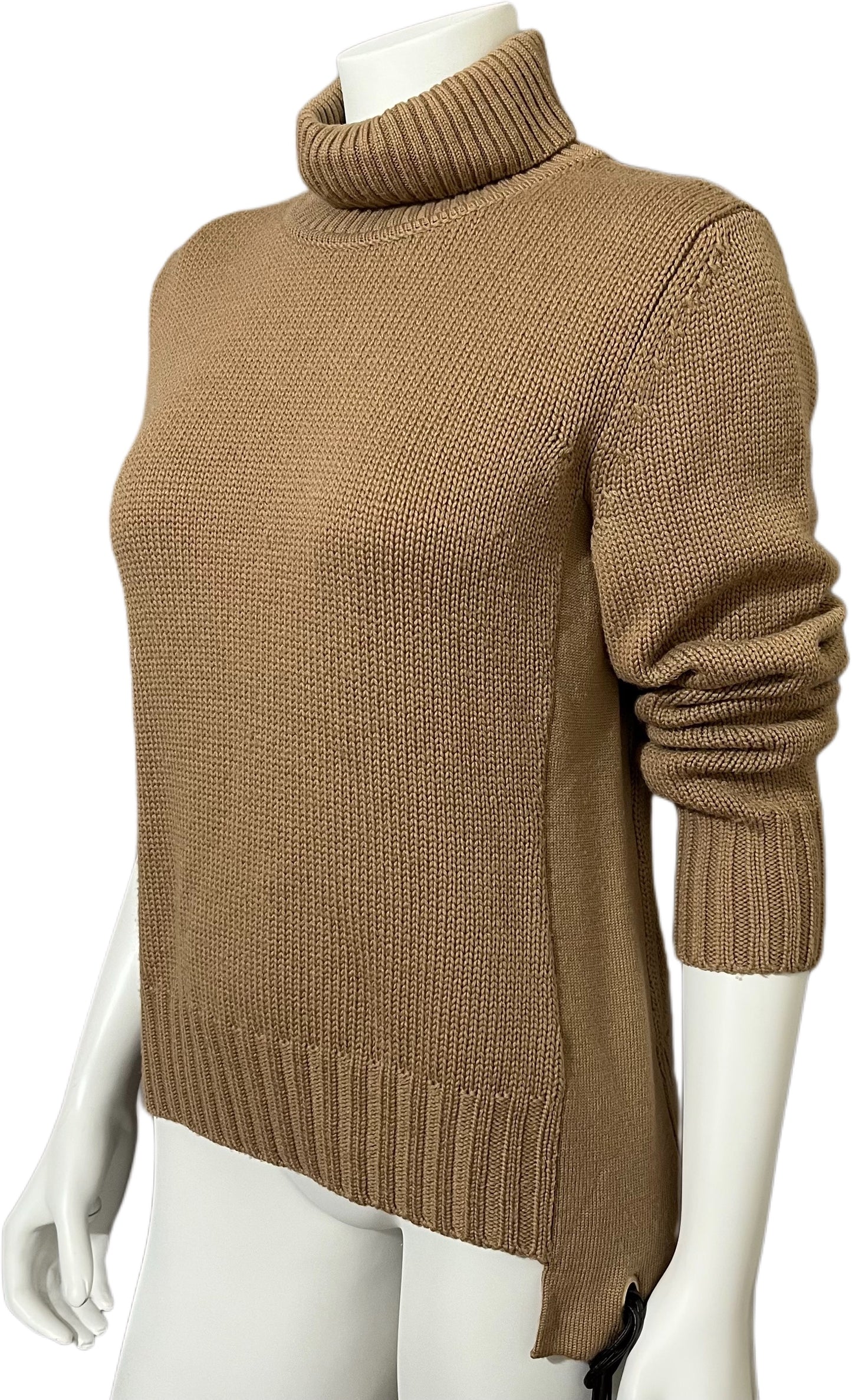 Blue 100% Lana Wool Camel Tan Turtleneck High Low Sweater Sz-Medium