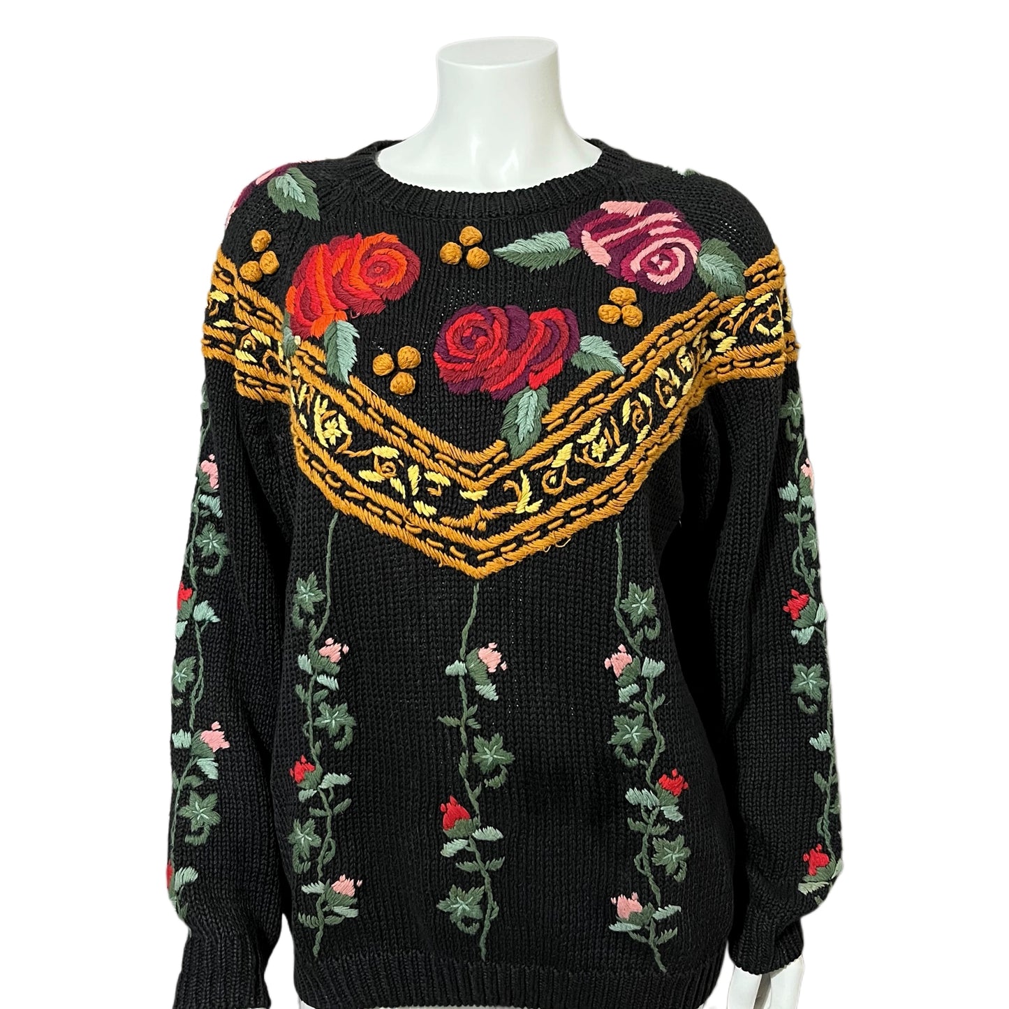 Vintage Arlando Black Artsy Floral Embroidery Ramie | Cotton Sweater Sz-Medium