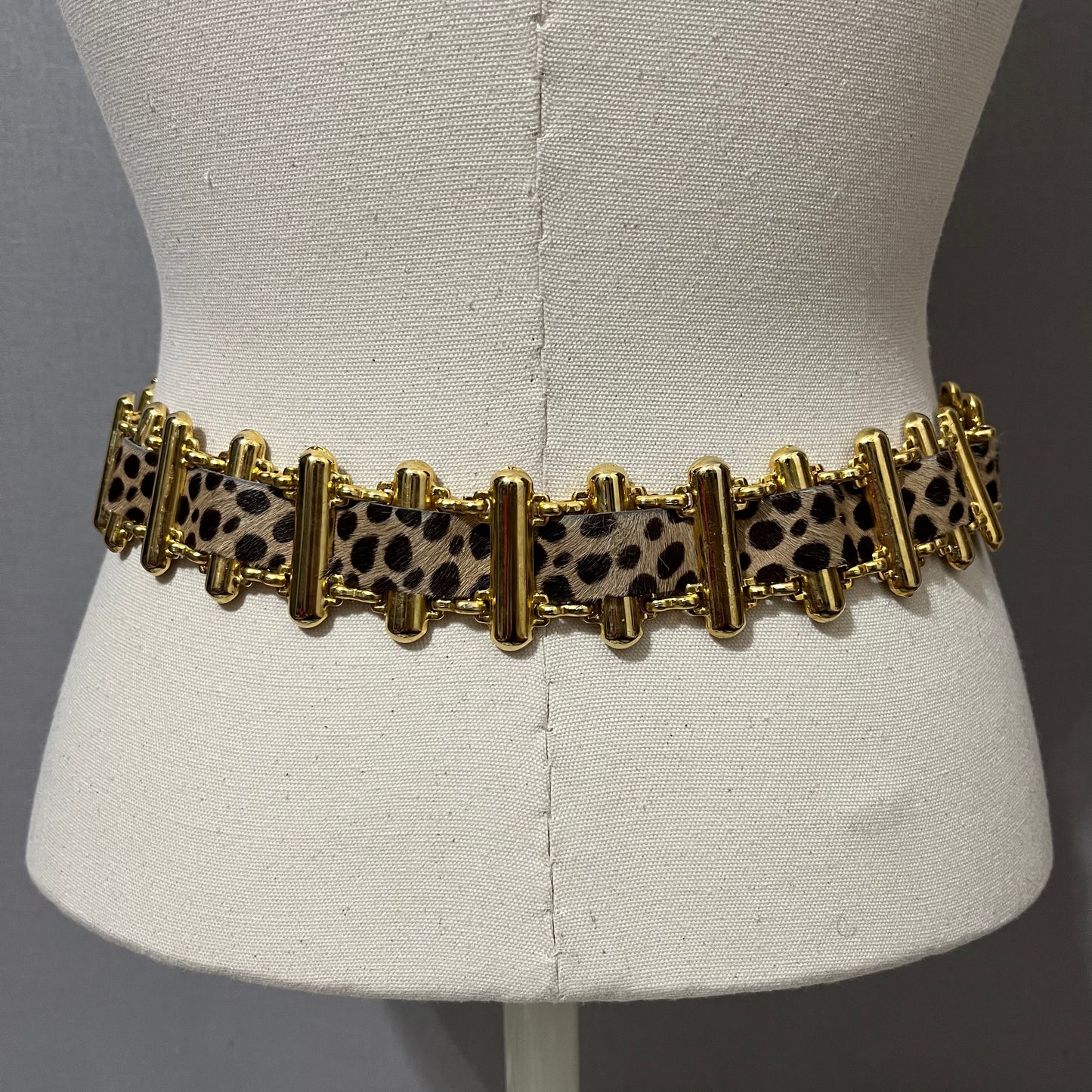 Vintage Doppia Vita Leopard Calf Hair Gold Tone Links Leather Belt Sz-OS