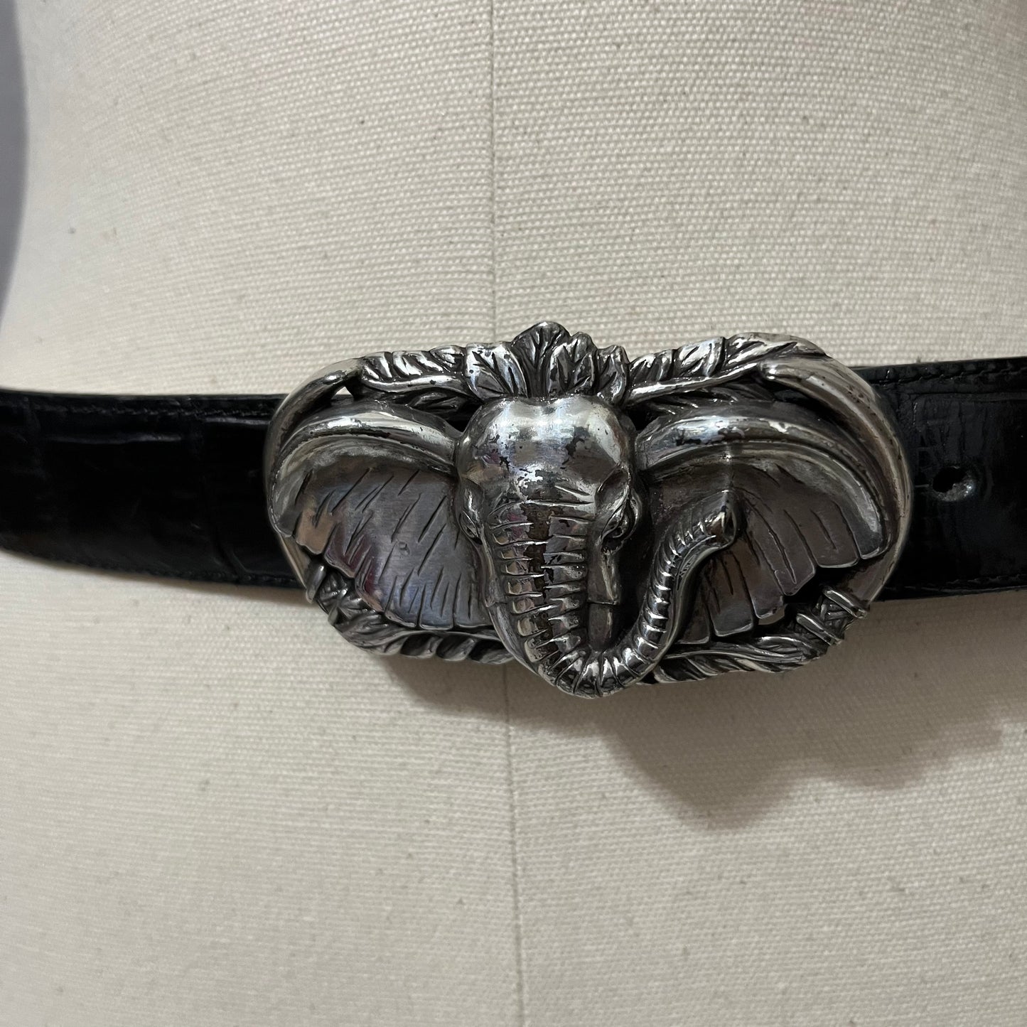 Vintage Brighton Black Leather With Elephant Buckle Belt Sz-Large