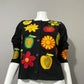 Cotton Black Fruit Embroidered Open Front Blazer Sz-Medium