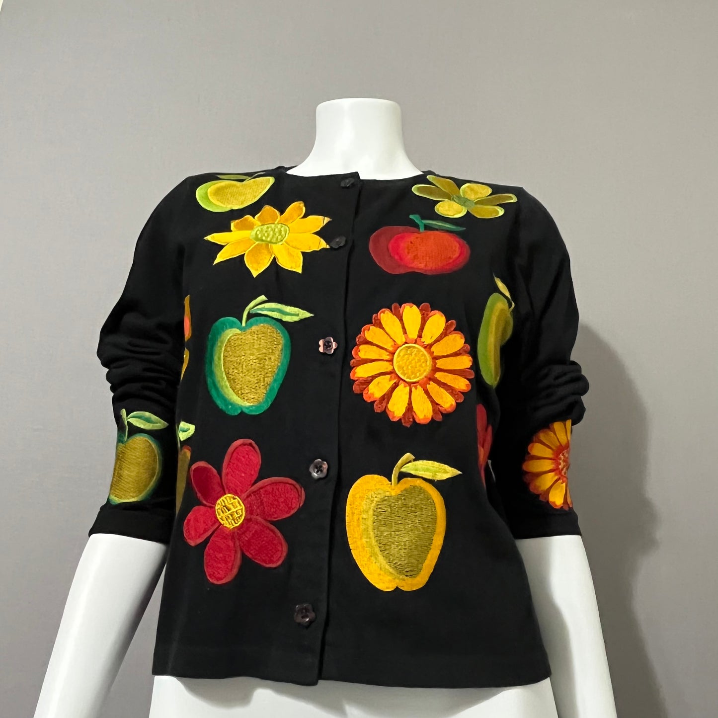 Cotton Black Fruit Embroidered Open Front Blazer Sz-Medium