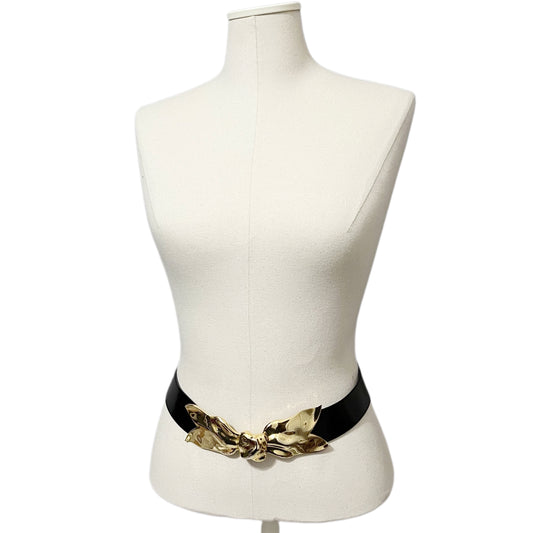 Vintage Black Leather With Gold Floral Buckle Adjustable Belt Sz-Small/Large