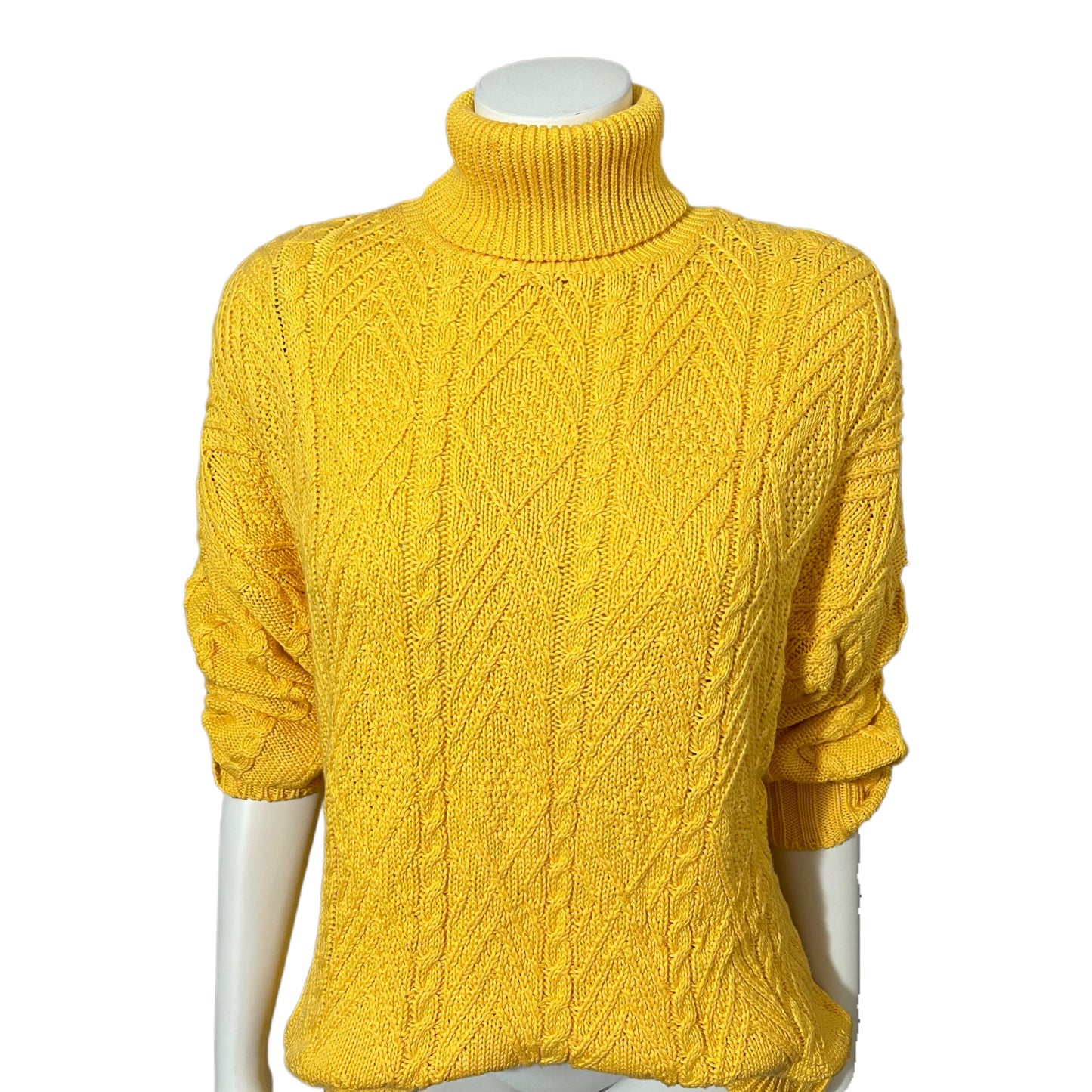 Wainscott Mustard Yellow Cotton Chunky Cable Knit Turtleneck Sz-Large