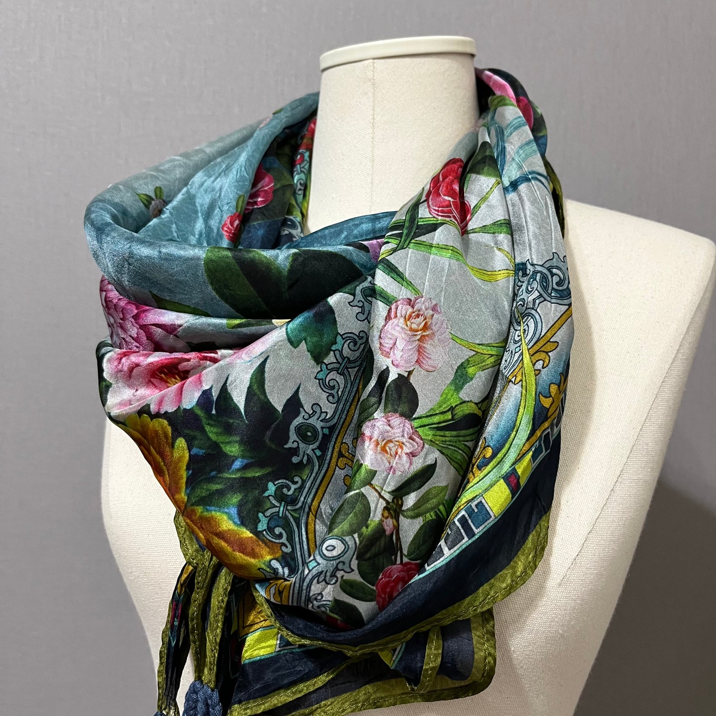 Floral Print With Tassels Silk Scarf