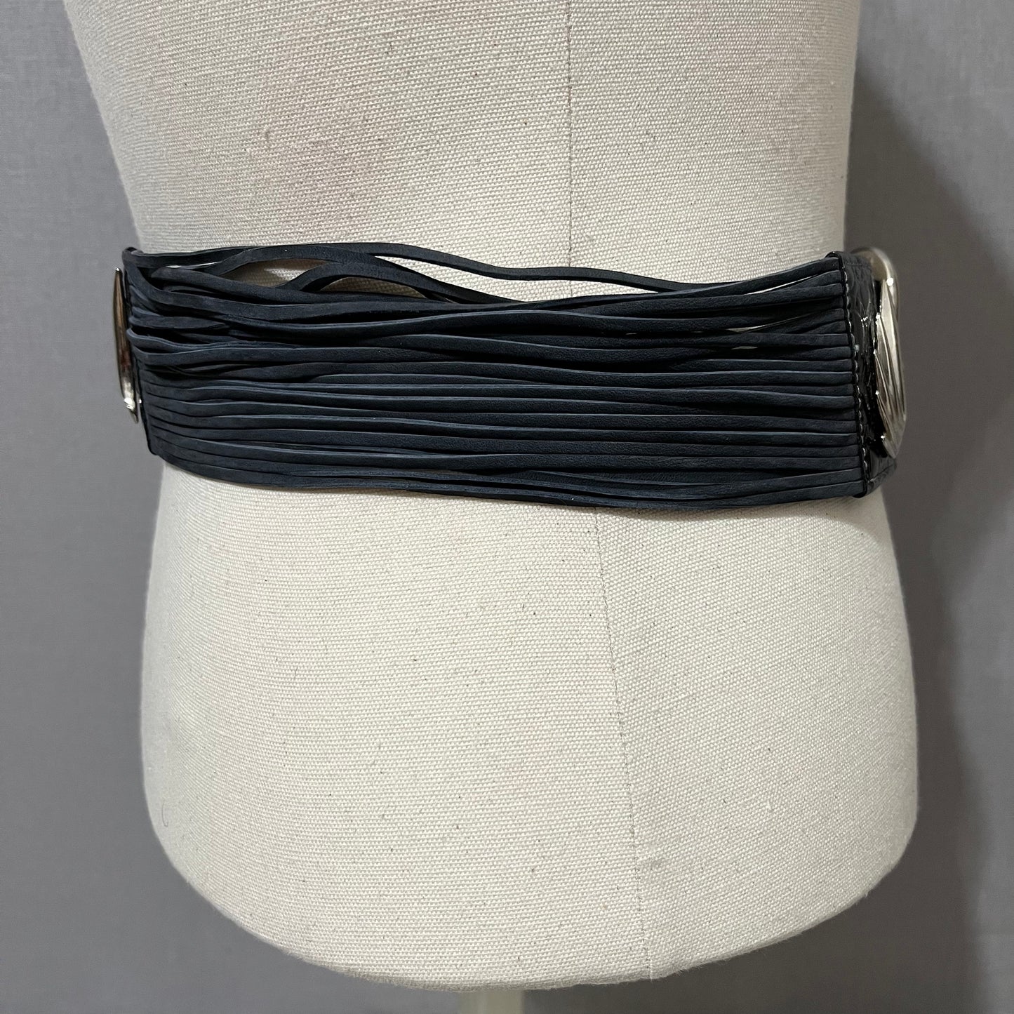 Vintage Escada Black Patent Leather With Strings Silver Hardware Belt Sz-40