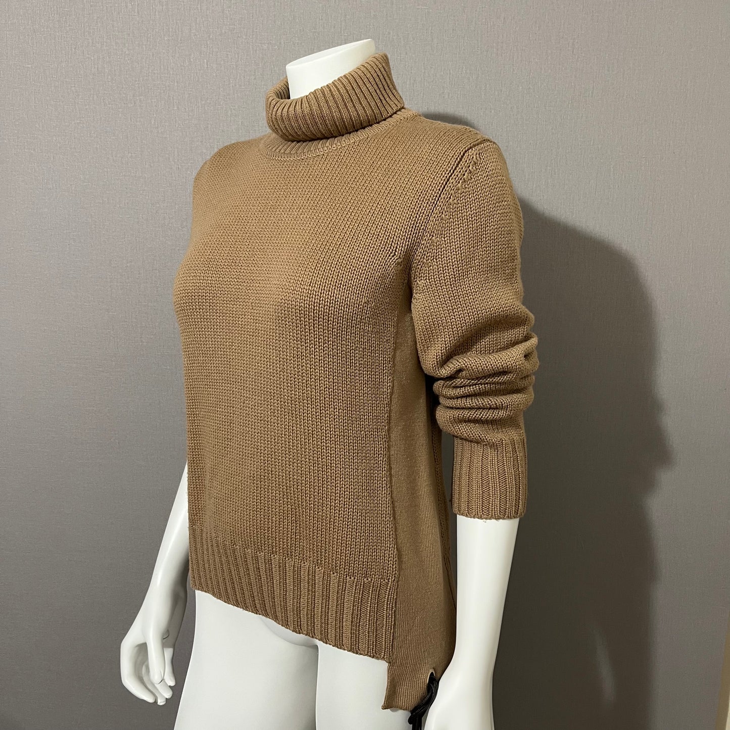 Blue 100% Lana Wool Camel Tan Turtleneck High Low Sweater Sz-Medium