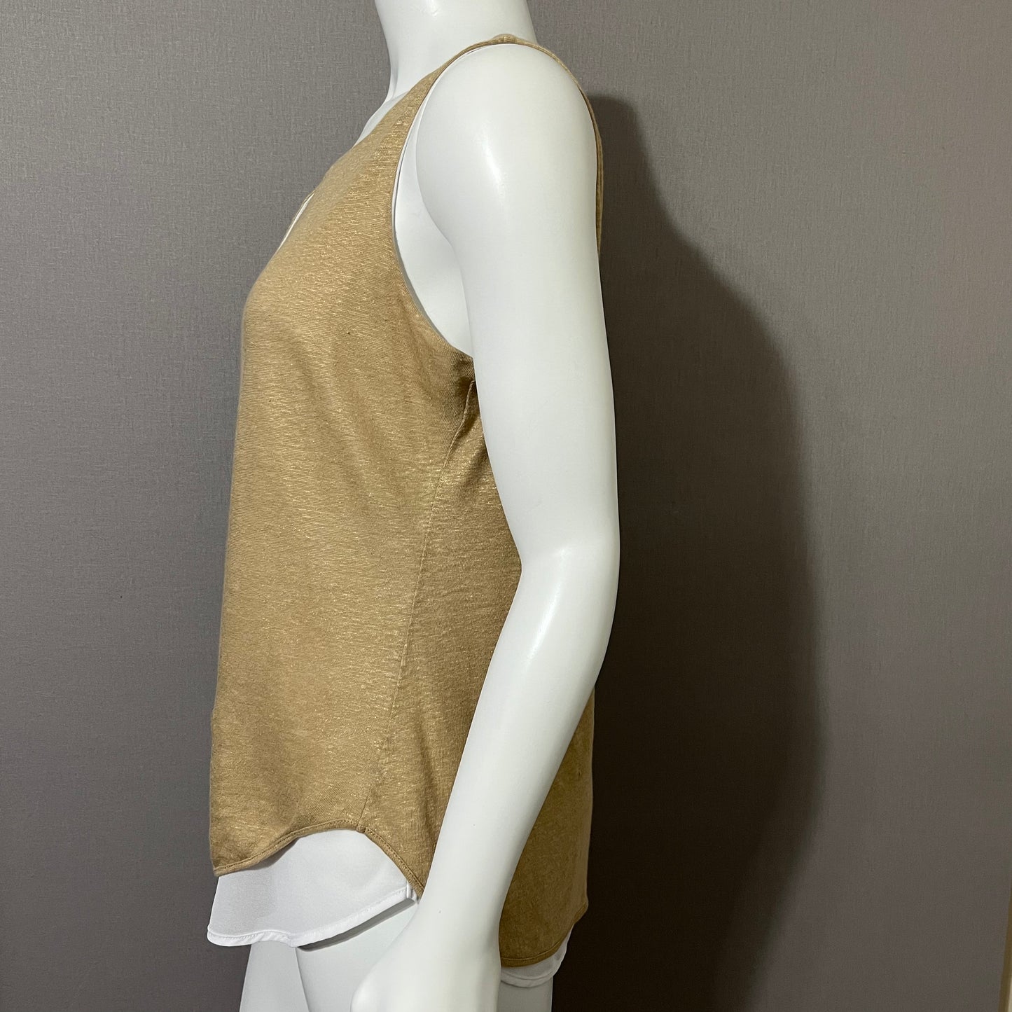 Linen Ecru Tan Shimmer Linen Mixed Media Sleeveless Shell Tank Top Sz-Large