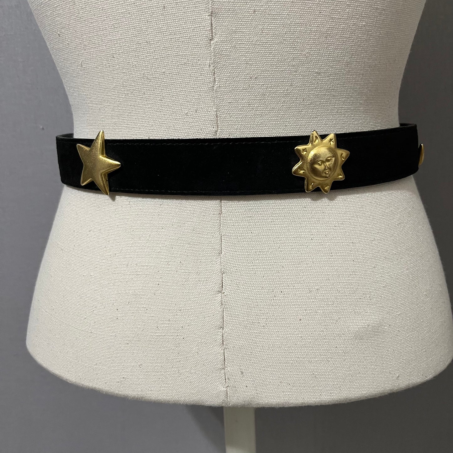 Vintage Black Suede Leather With Gold Sun, Moon, Stars Sz-Medium