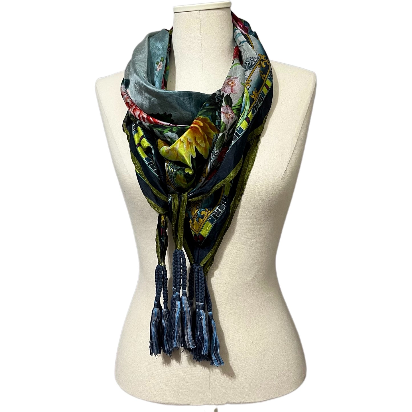 Floral Print With Tassels Silk Scarf