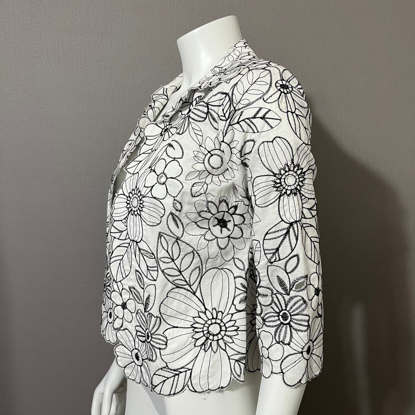 Cotton Black Embroidered Floral Print Open Front Jacket Sz-Petite Small