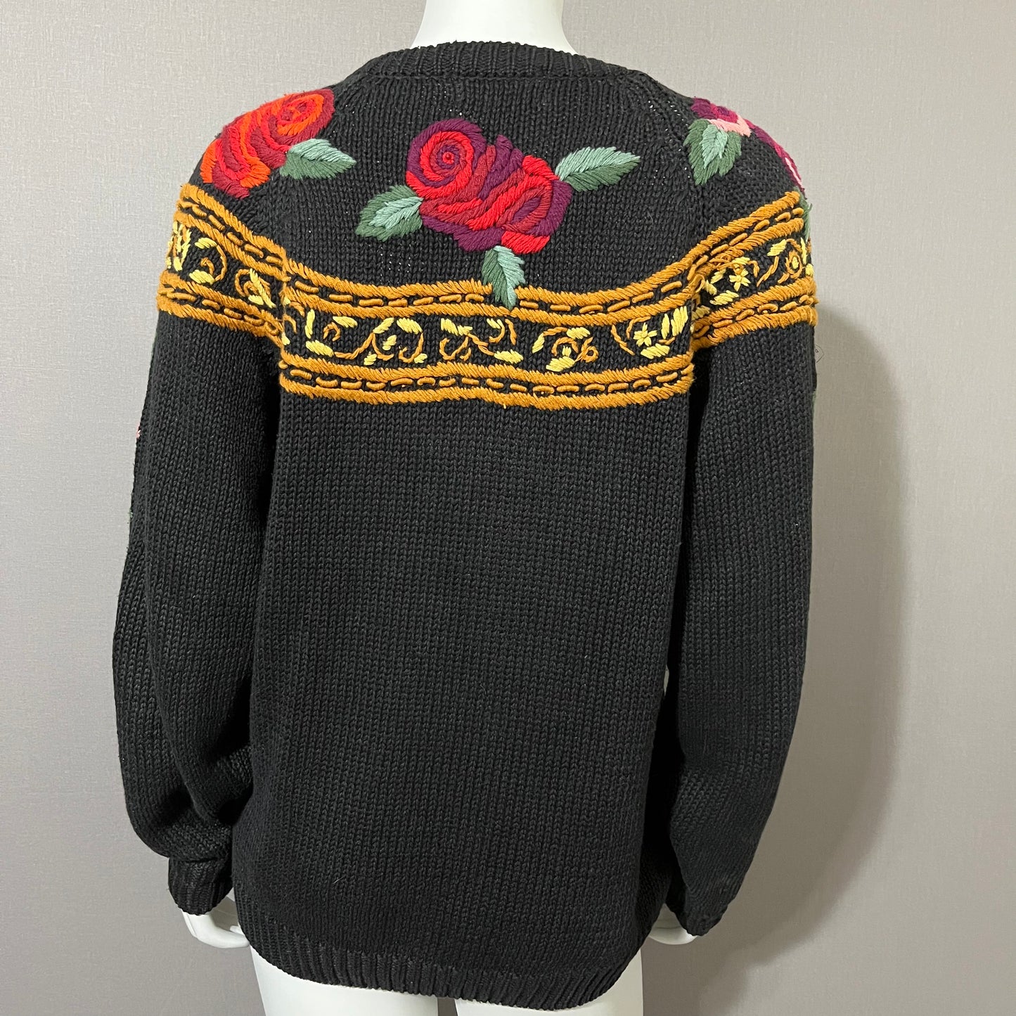 Vintage Arlando Black Artsy Floral Embroidery Ramie | Cotton Sweater Sz-Medium