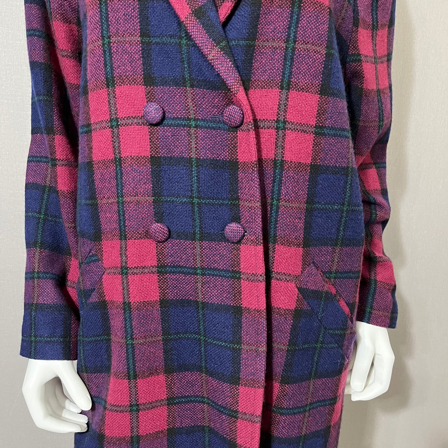 Wool Branigan Weavers Plaid Burgundy/Navy Longline Coat Sz-Small