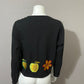 Cotton Black Fruit Embroidered Open Front Blazer Sz-Medium