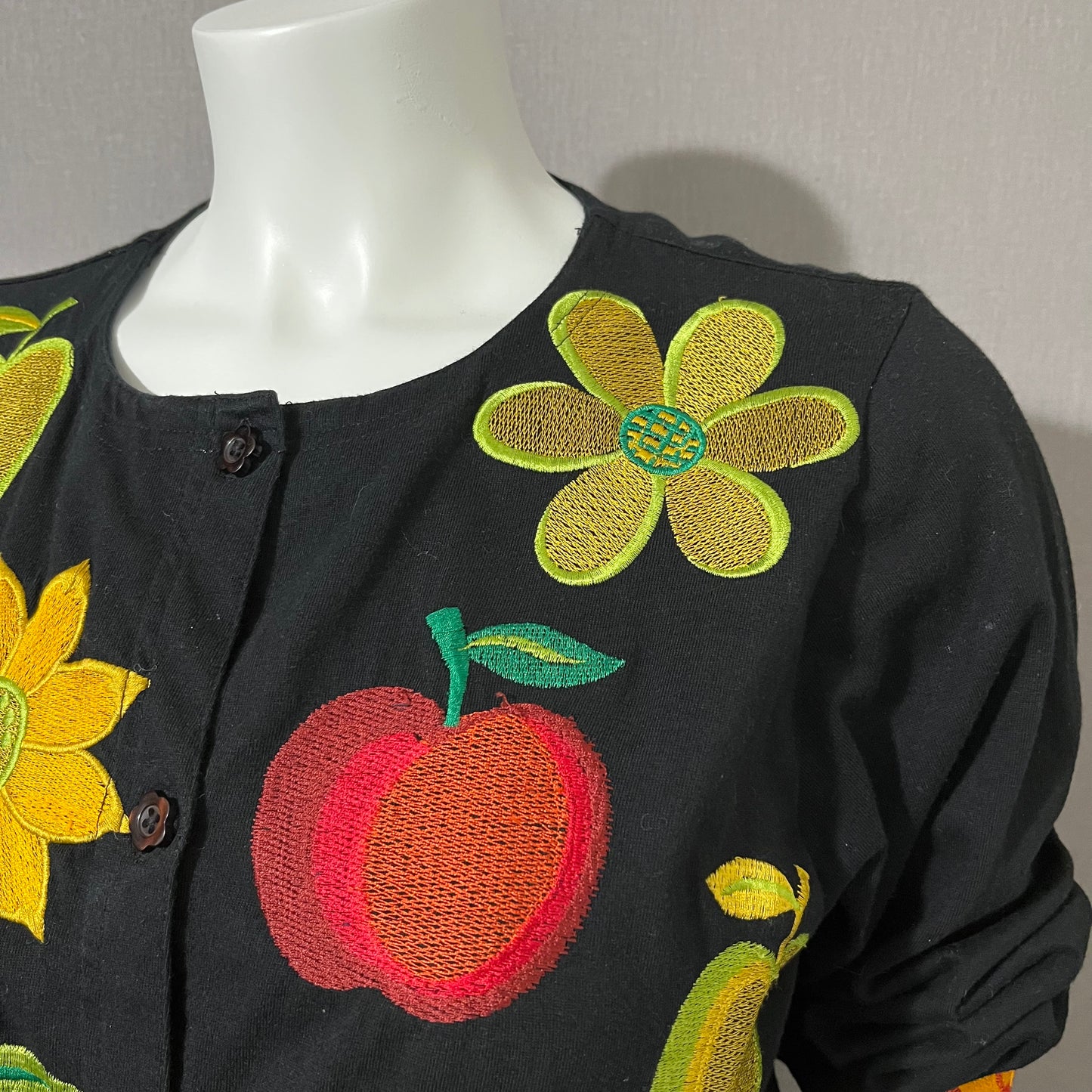 Cotton Black Fruit Embroidered Open Front Blazer Sz-Medium