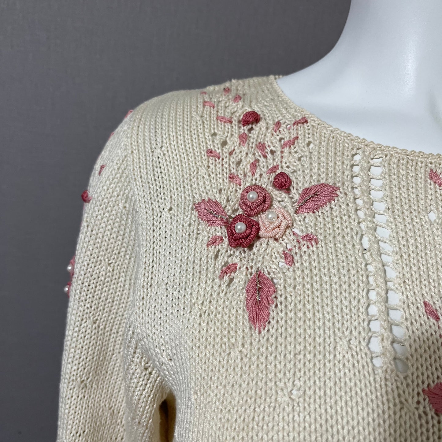 Vintage Miramar 100% Cotton Floral Pearl Beaded Sweater Sz-Small