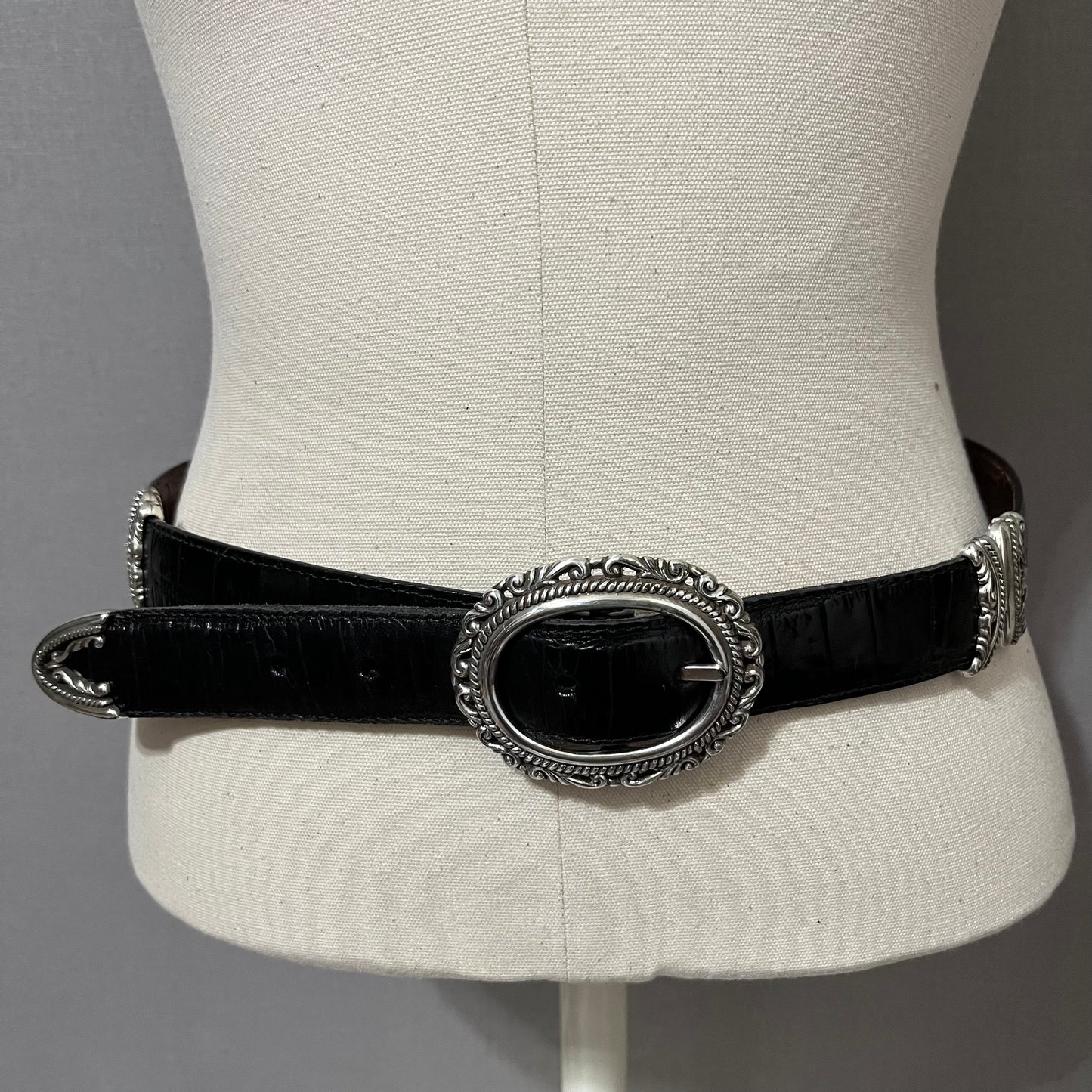 Vintage Brighton Silver Buckle Reversible Black/Brown Leather Belt Sz-Large