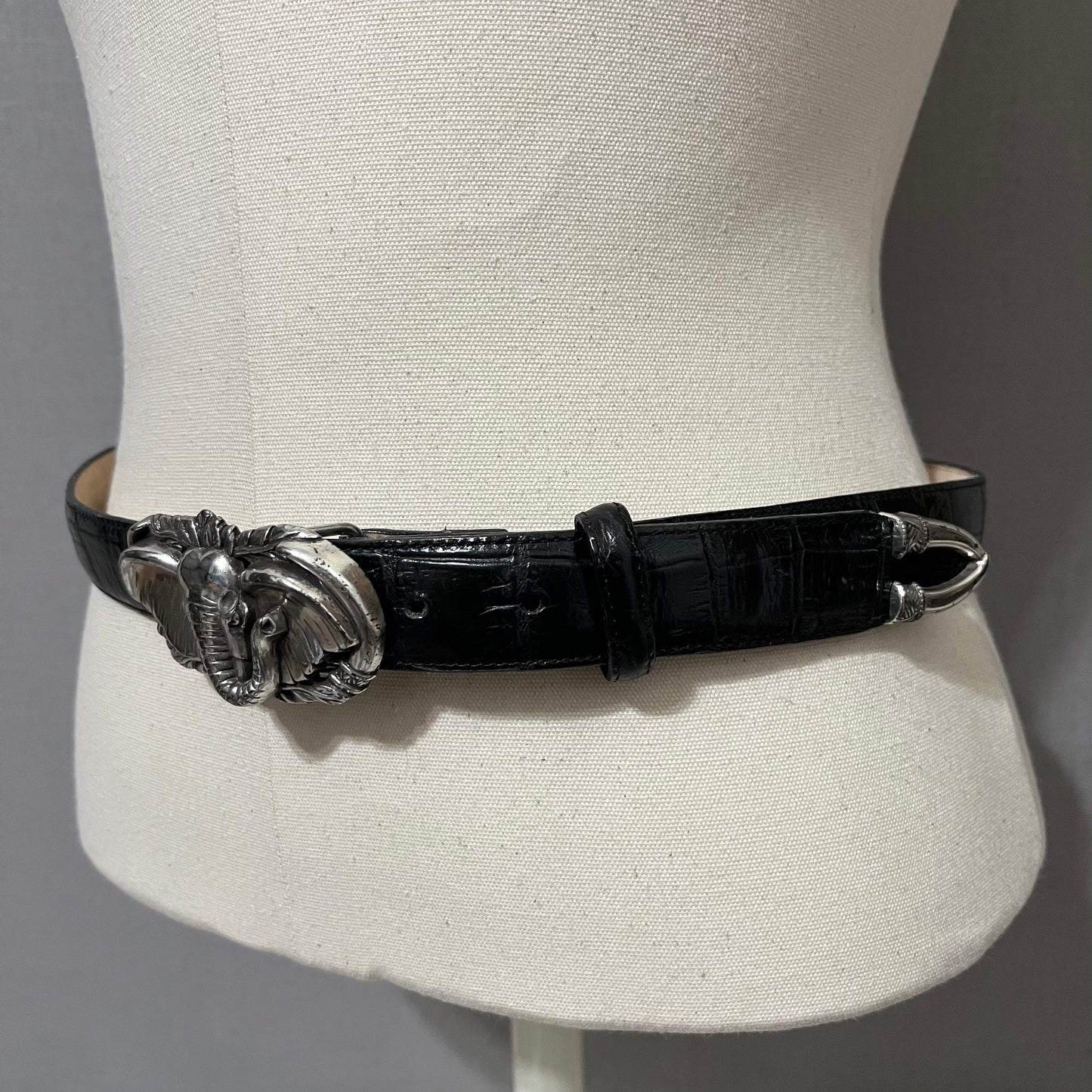 Vintage Brighton Black Leather With Elephant Buckle Belt Sz-Large