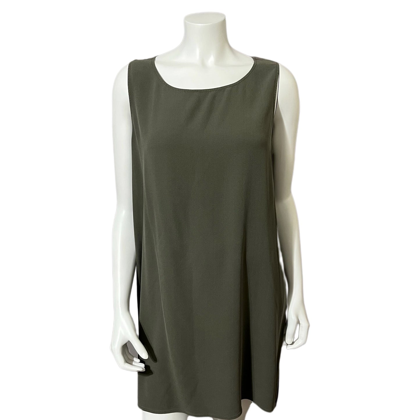 Eileen Fisher Sage Green 100% Silk Shift High Low Dress Sz-Large