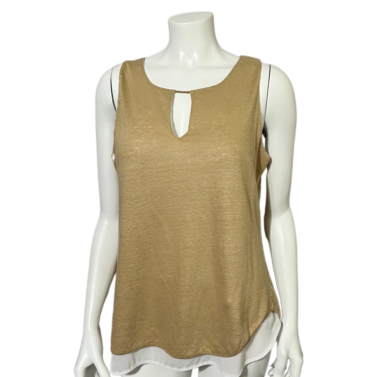 Linen Ecru Tan Shimmer Linen Mixed Media Sleeveless Shell Tank Top Sz-Large