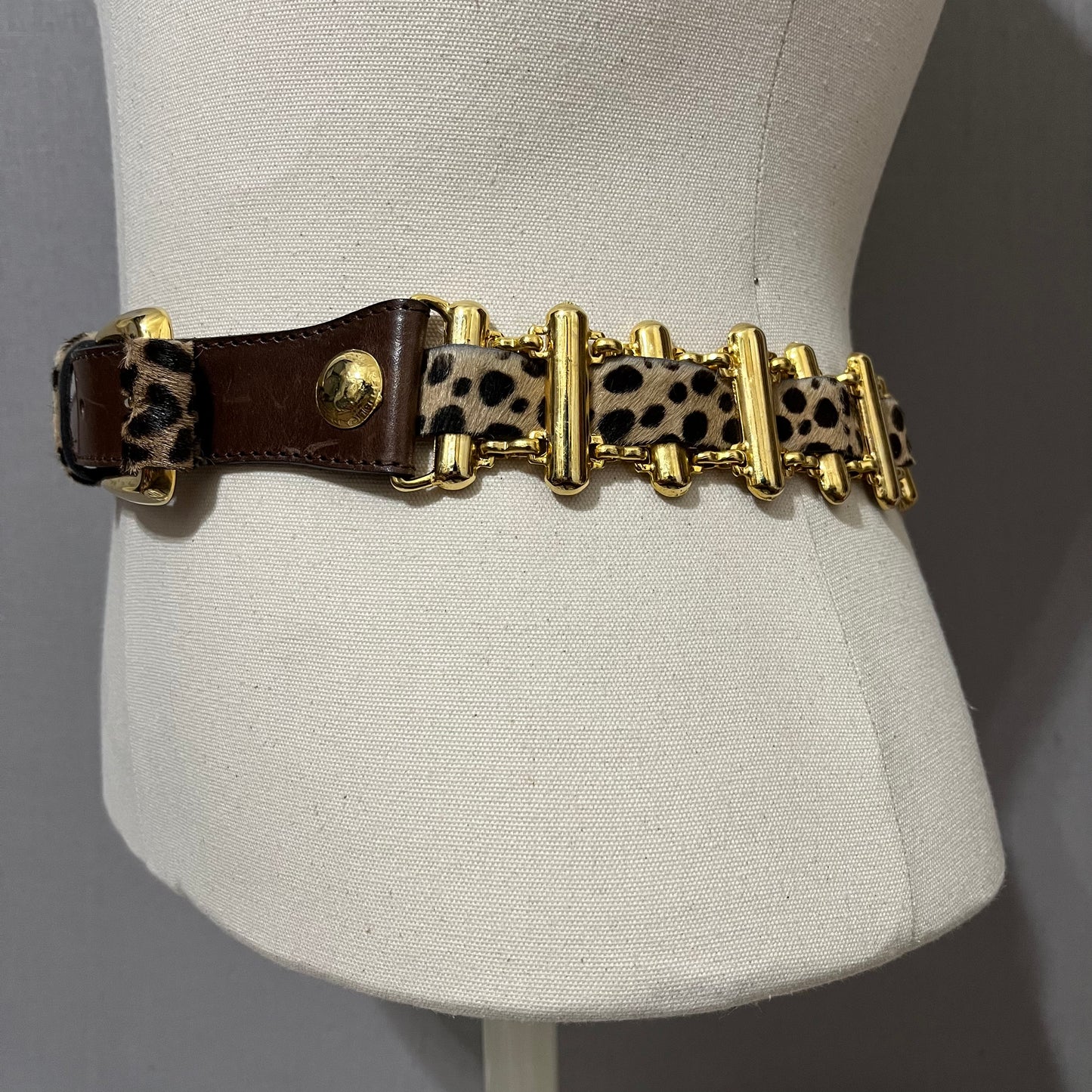 Vintage Doppia Vita Leopard Calf Hair Gold Tone Links Leather Belt Sz-OS