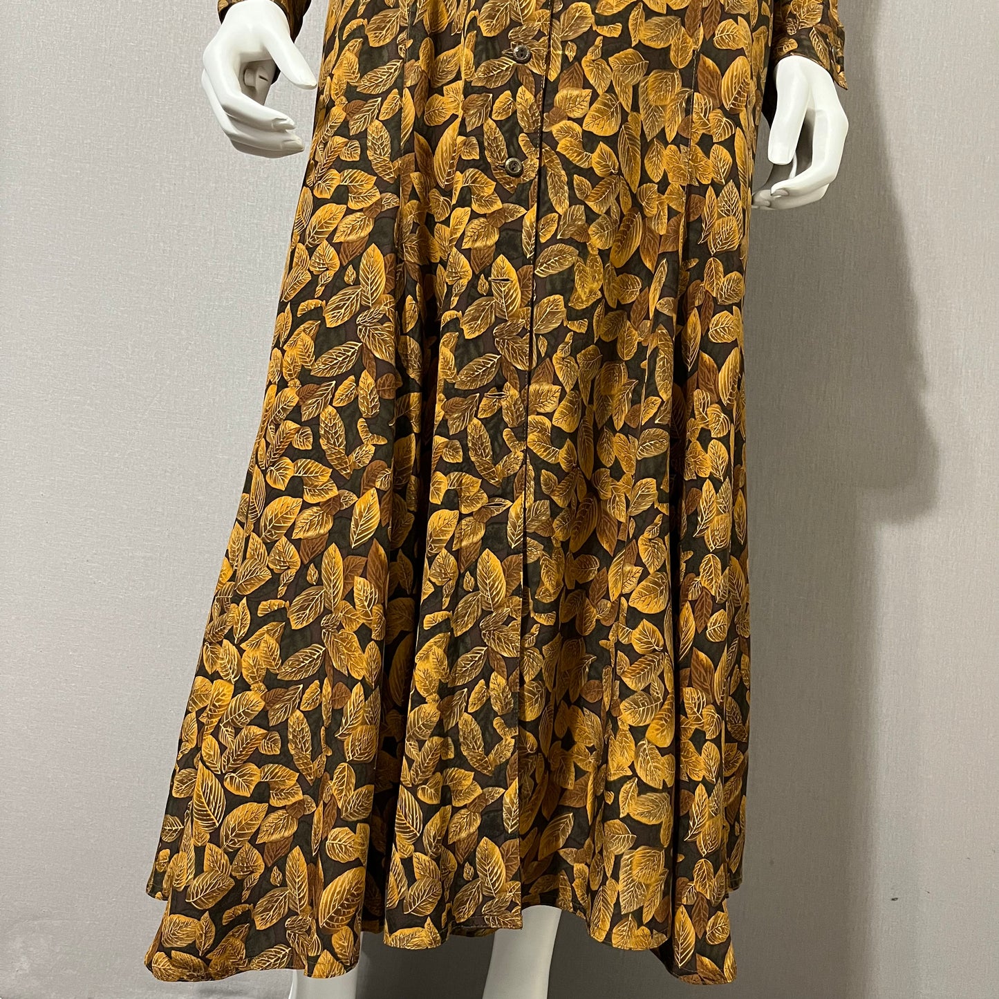 Vintage Gillian Silk Leaf Print MIDI Long Sleeve Dress Sz-4