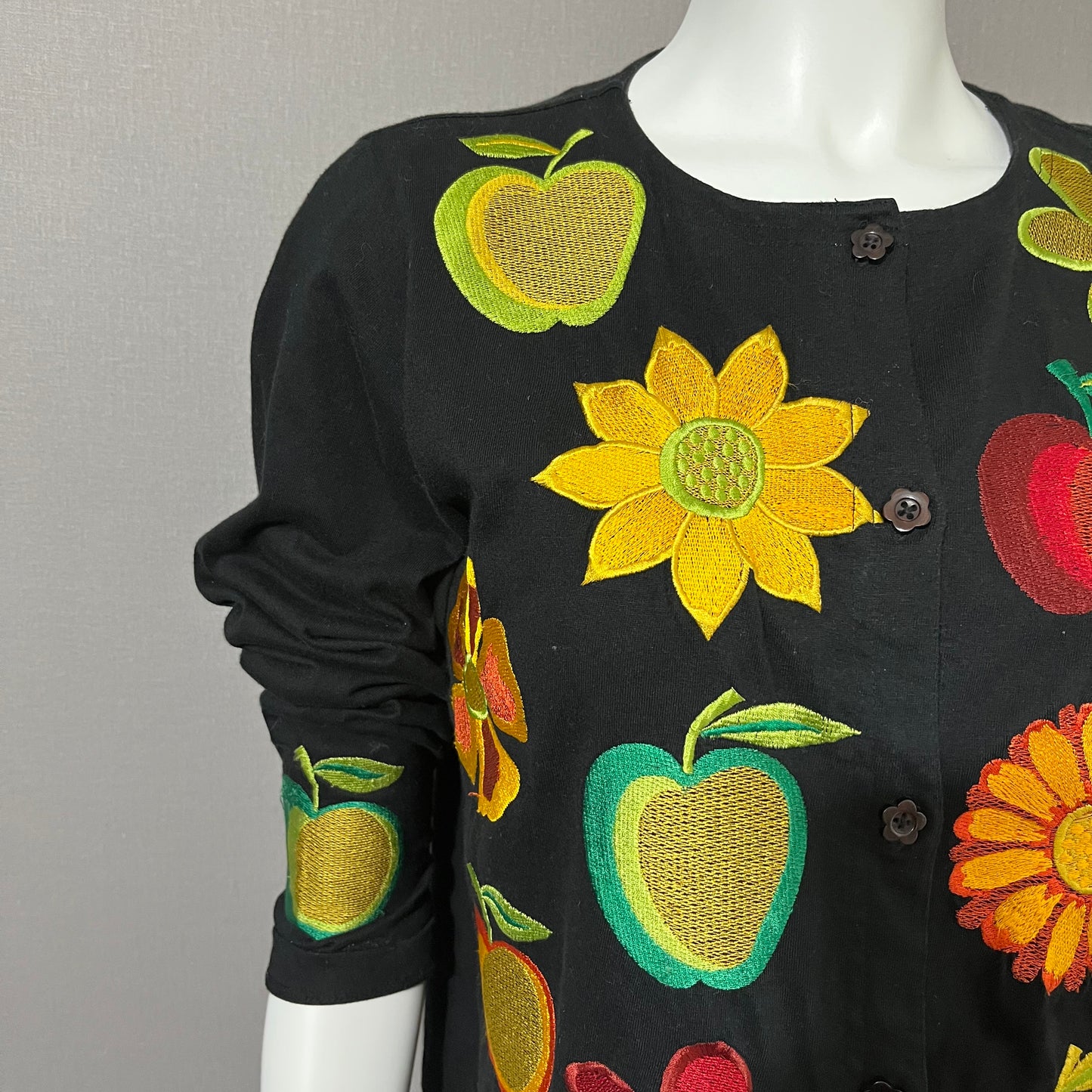 Cotton Black Fruit Embroidered Open Front Blazer Sz-Medium