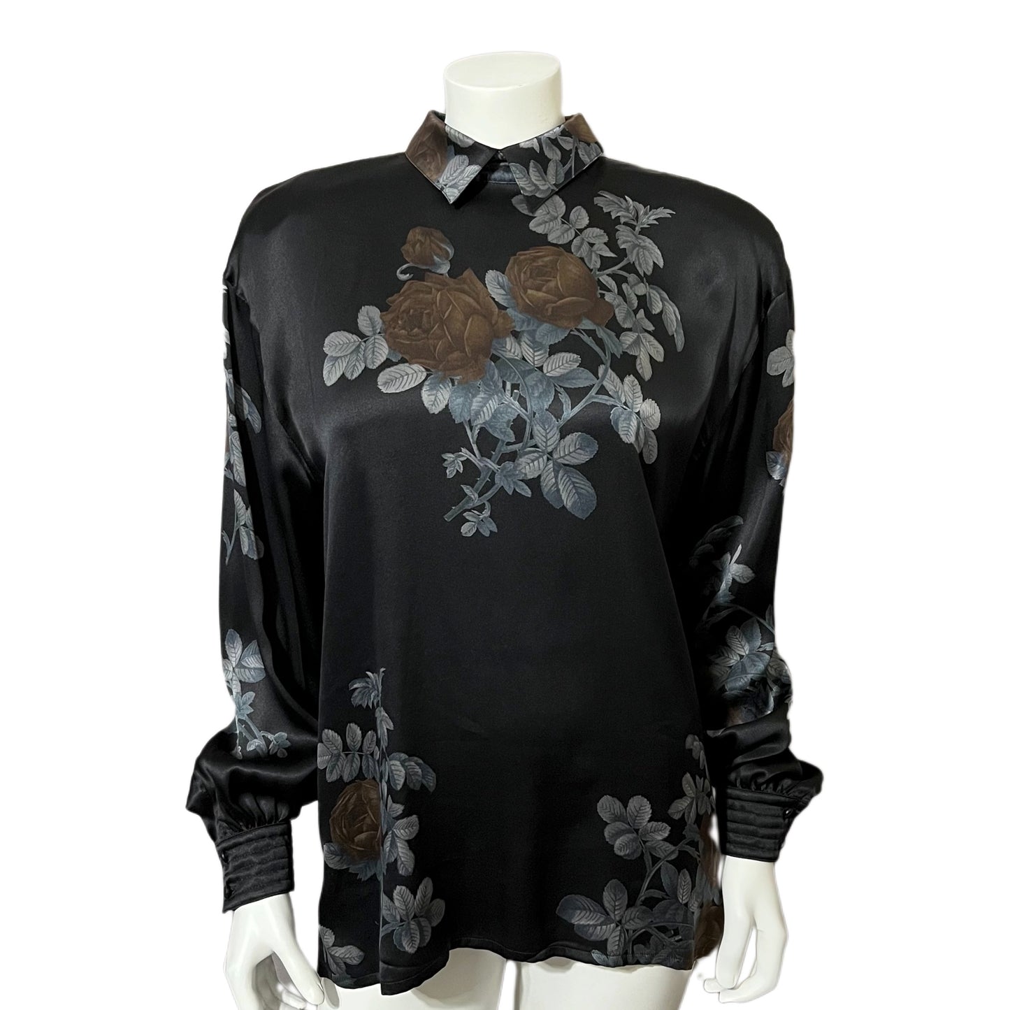 Vintage Escada Black Floral Print Long Sleeve Blouse Sz-Medium/Large