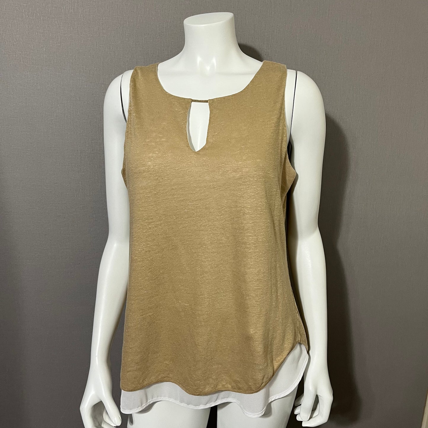 Linen Ecru Tan Shimmer Linen Mixed Media Sleeveless Shell Tank Top Sz-Large