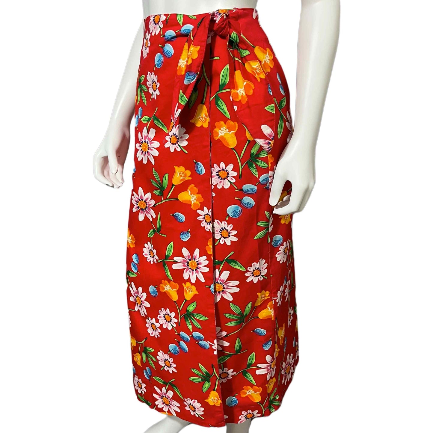 Vintage Floral Red Wrap Maxi Cotton Skirt Sz-Xtra Large