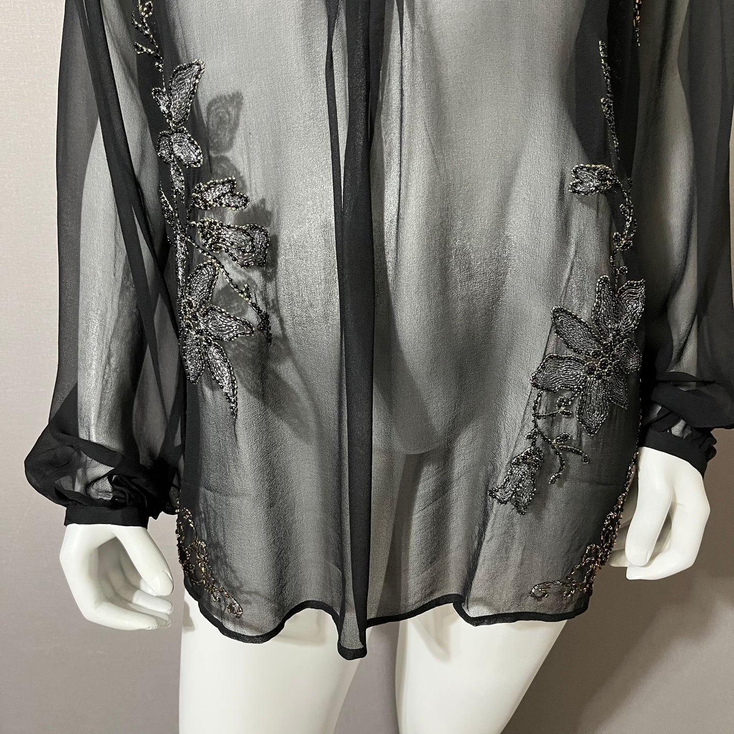 Neiman Marcus Black Beaded Sheer 100% Silk Top Sz-Large